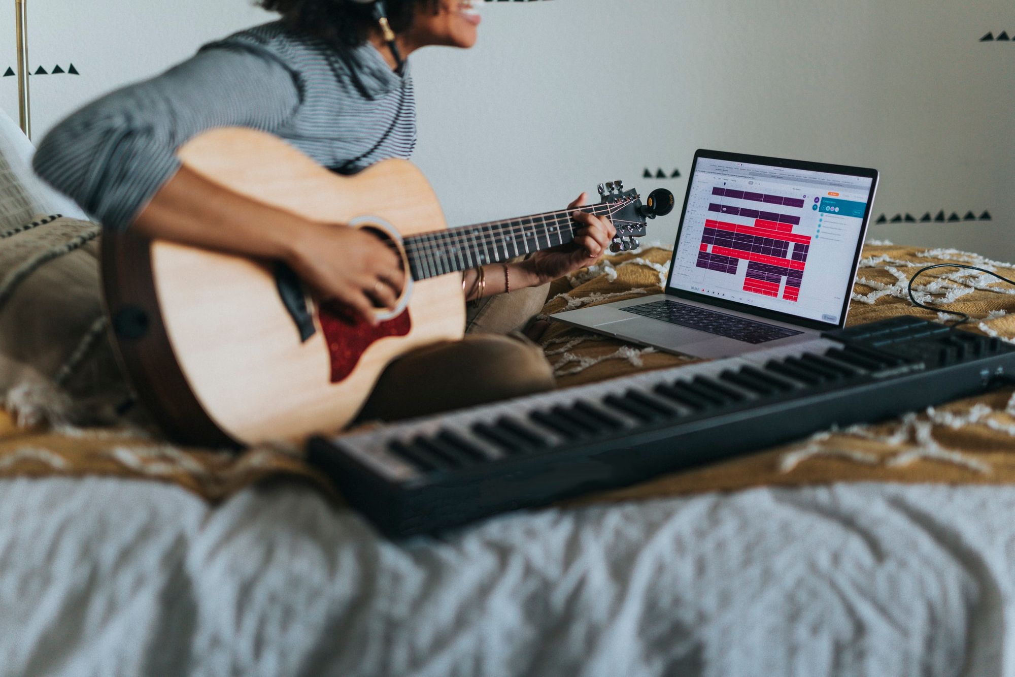 songwriter playing guitar, keyboard, recording to a laptop for the mechanical licensing collective